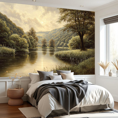 Peel and Stick Wallpaper Serene River Landscape Green Trees Gentle Water Reflection Wall Murals 69"H x 96"W Removable PVC Wall Paper Self-Adhesive Wall Decor for Bedroom Living Room Home Office
