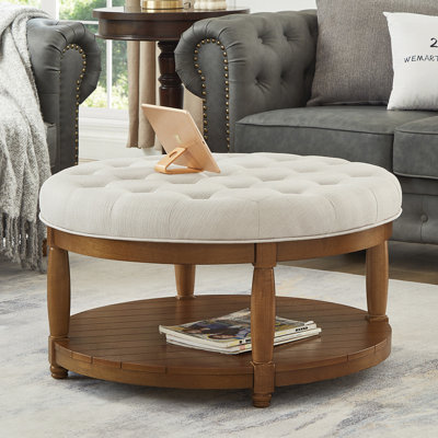 Large Round Upholstered Tufted Linen Ottoman Coffee Table, Large Footrest Ottoman with Wood Shelf Storage- Ivory