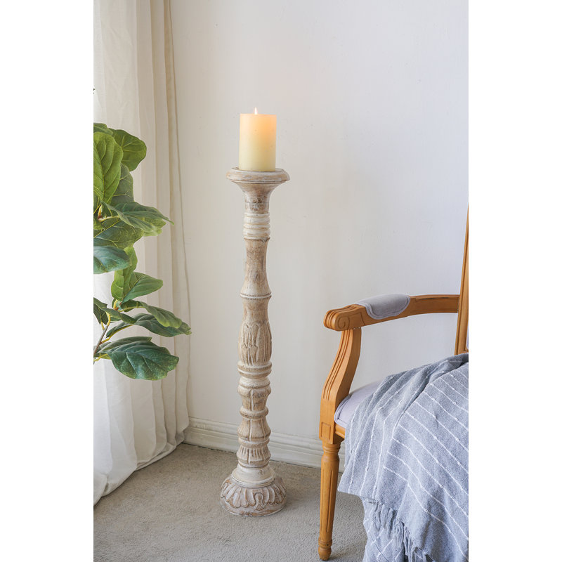 Traditional Carved Albizia Wood Floor Candle Holder