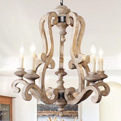 Lustre géométrique en bois à 5 lumières de style campagnard style campagnard, suspensions rustiques pour vestibule