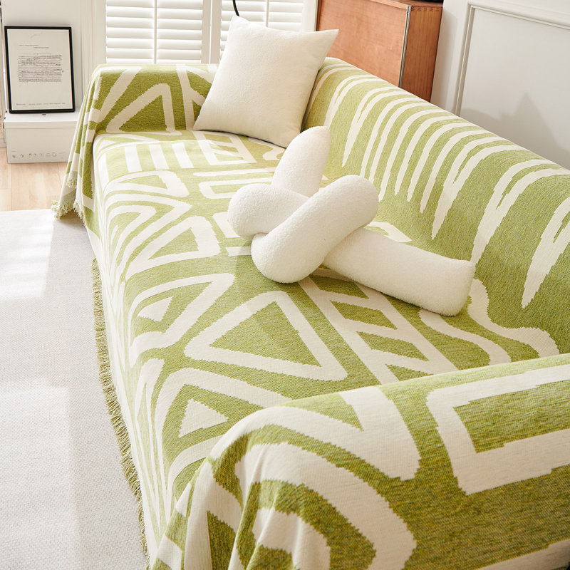 Boho Chenille Multiple Sizes Triangle Plaid Sectional Cushion Slipcover, Green, 71" H x 150" W x 0.1" D