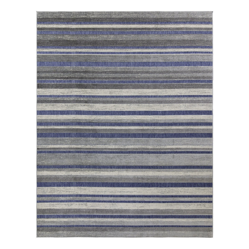 Tapis intérieur / extérieur tissé à plat à poils longs en polypropylène à rayures multicolores bleu marine Gétiquement Koro