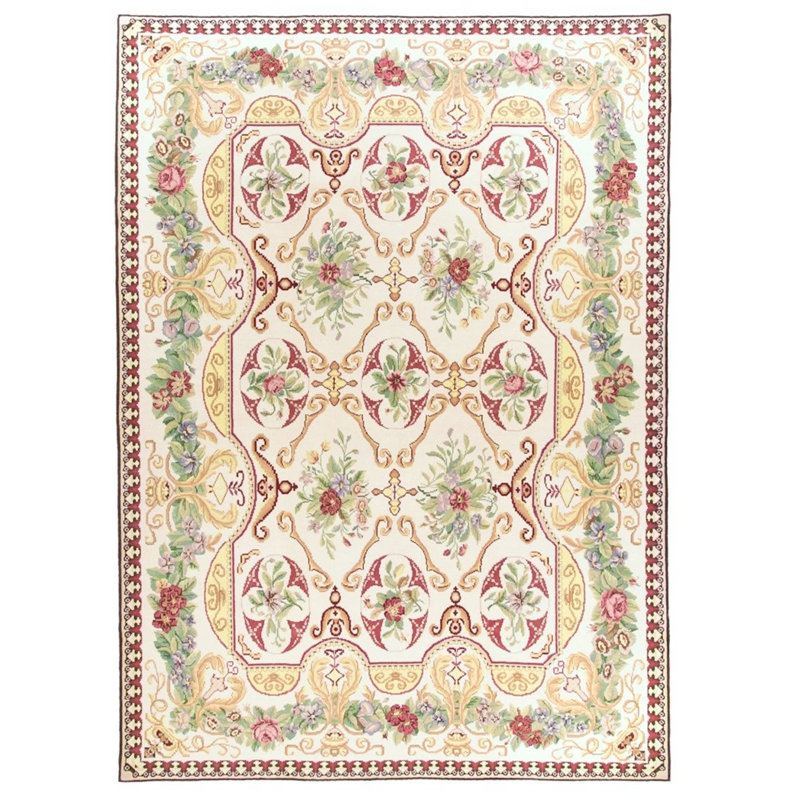 Tapis ivoire et vert noué à la main de haute qualité