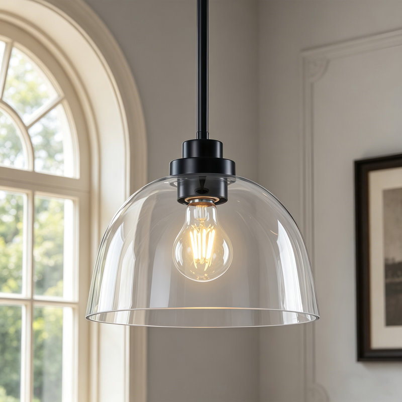 Modern 1-Light Single Dome Kitchen Island Pendant With Clear Glass, Matte Black