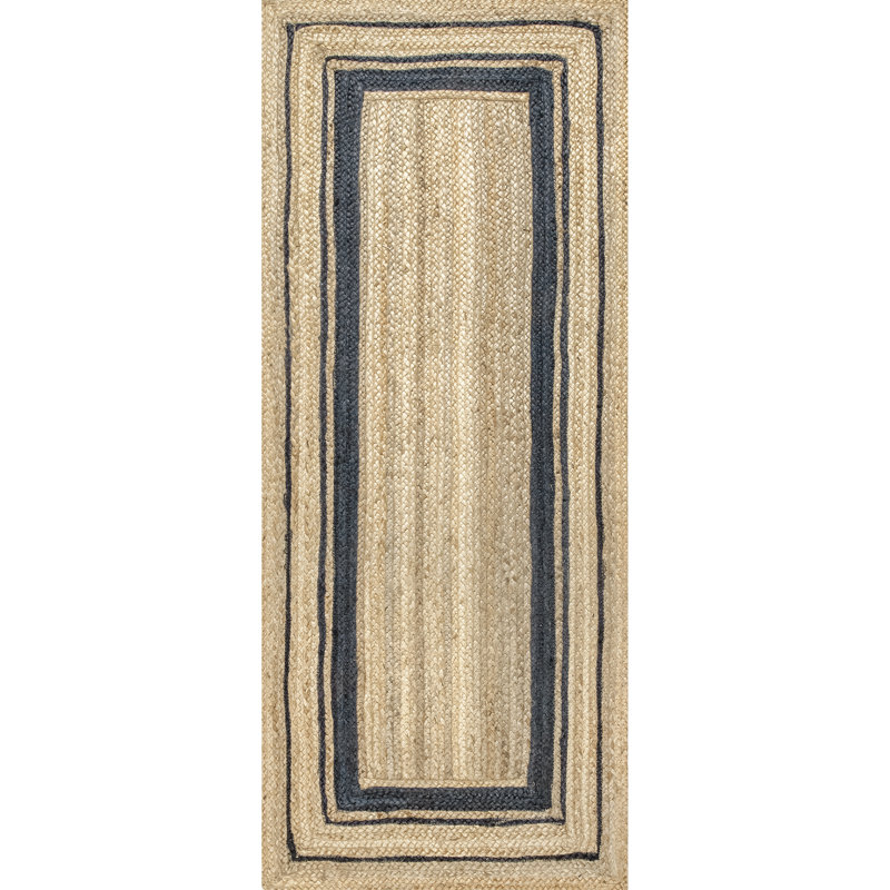 Speight Coastal Braided Power Loom Jute Brown/Navy Bordered Rug, Runner 2'6" x 10'