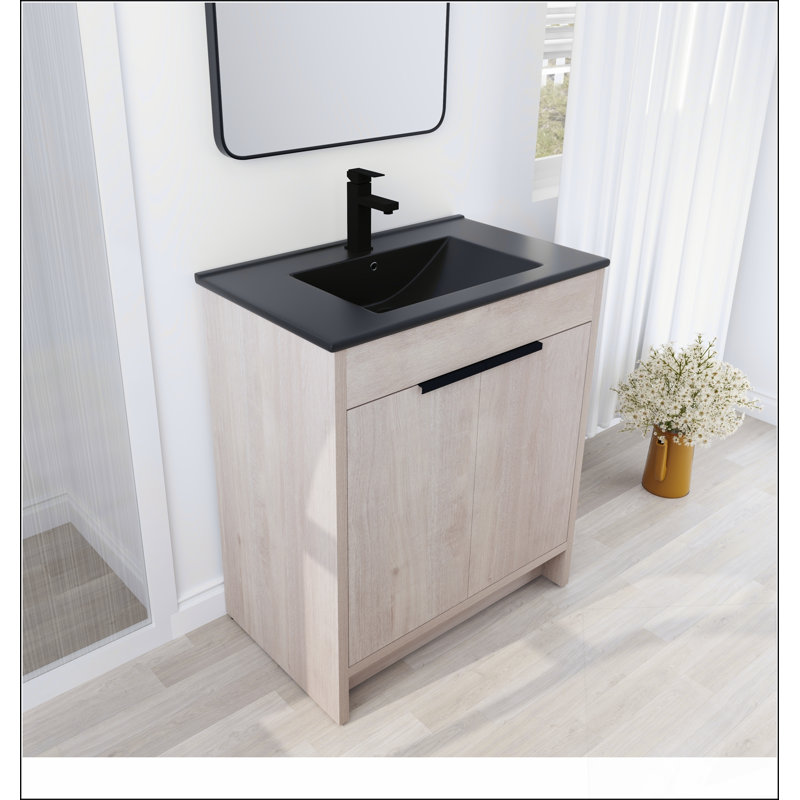 Meuble-lavabo autoportant avec lavabo en céramique noire et 2 portes d'armoire à fermeture en douceur, Naturel