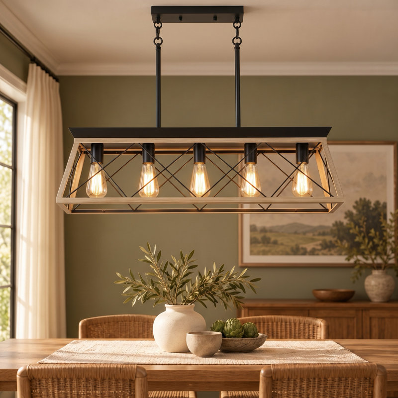 Lustre 5 lumières pour îlot de cuisine linéaire avec finition aspect bois naturel