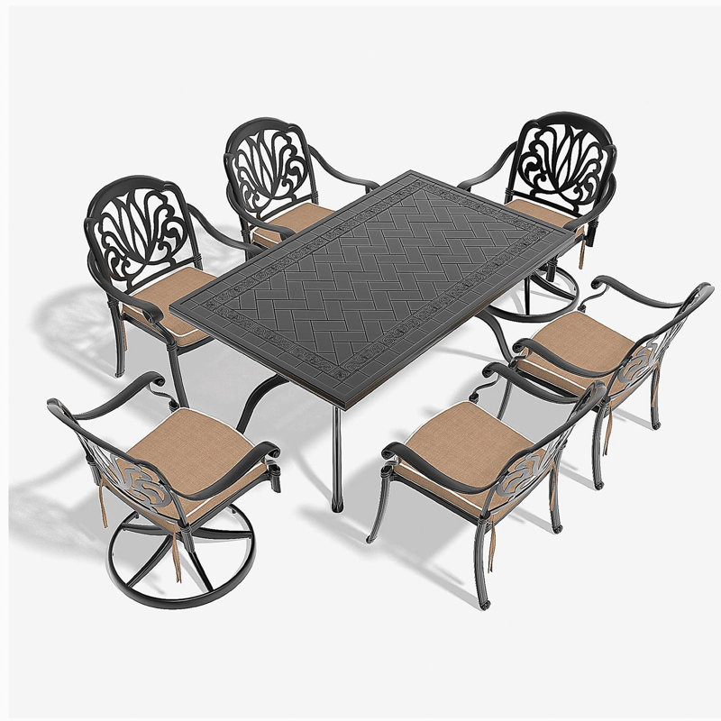 7-Piece All-Weather Cast Aluminum Dining Set, Include 2 Swivel Chairs,4 Dining Chairs and Rectangular Table With Black Frame