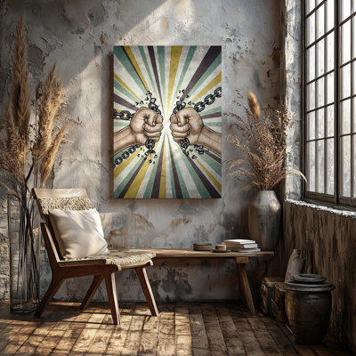 Canvas A Dynamic Illustration Depicting Two Clenched Fists Breaking Free From Wall Art Shattered Chains Symbolizing Liberation And Canvas Wall Art