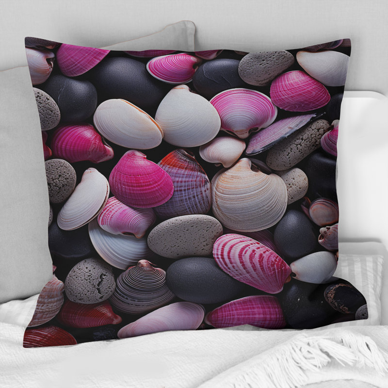 Pink Grey Pink White Shells Seashore Collage - Seashell Printed Throw Pillow