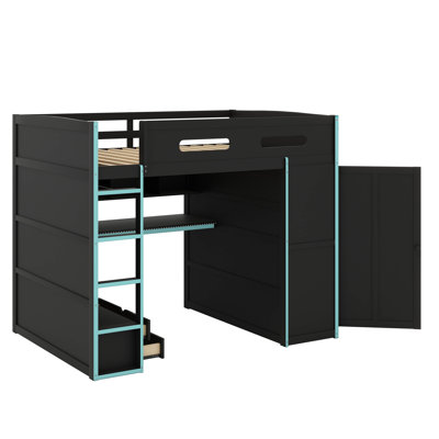 Lit mezzanine double en bois avec bureau intégré, garde-robe, rangement spacieux et système d'éclairage à DEL