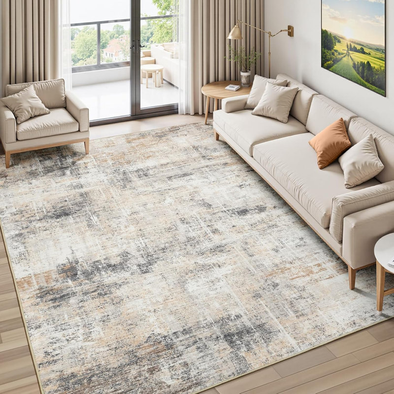 5'X7' Modern Abstract Distressed Washable Area Rug with Anti-Skid Rubber Backing Beige, Rectangle 5' x 7'