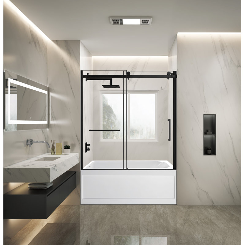 Kingston Brass 60-Inch Acrylic Rectangular 3-Wall Anti-Skid Alcove Tub With Tub Door, Drain, Matte Black, Left