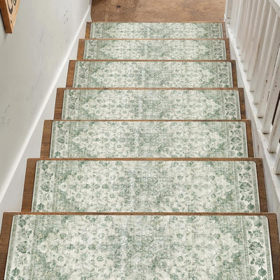 Non Slip Neutral Stair Treads for Wooden Steps Green Rug 15PCS Grip, Washable, Rubber Backing Stair Carpet, for Pets and Kids, Stair Runners Indoor, Bullnose Vintage Mat, 30"x8"