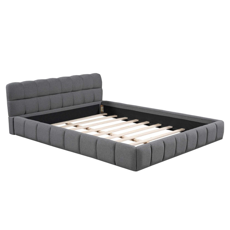 Queen Size Upholstered Platform Bed With Thick Fabric, Grounded Bed With Solid Frame, Gray
