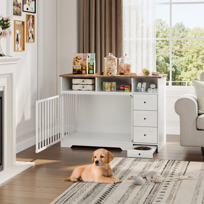Meuble de rangement moderne pour chien avec rangement, 3 tiroirs et bol caché, table d'appoint en bois pour chenil pour petits chiens de taille moyenne, 48 po, blanc