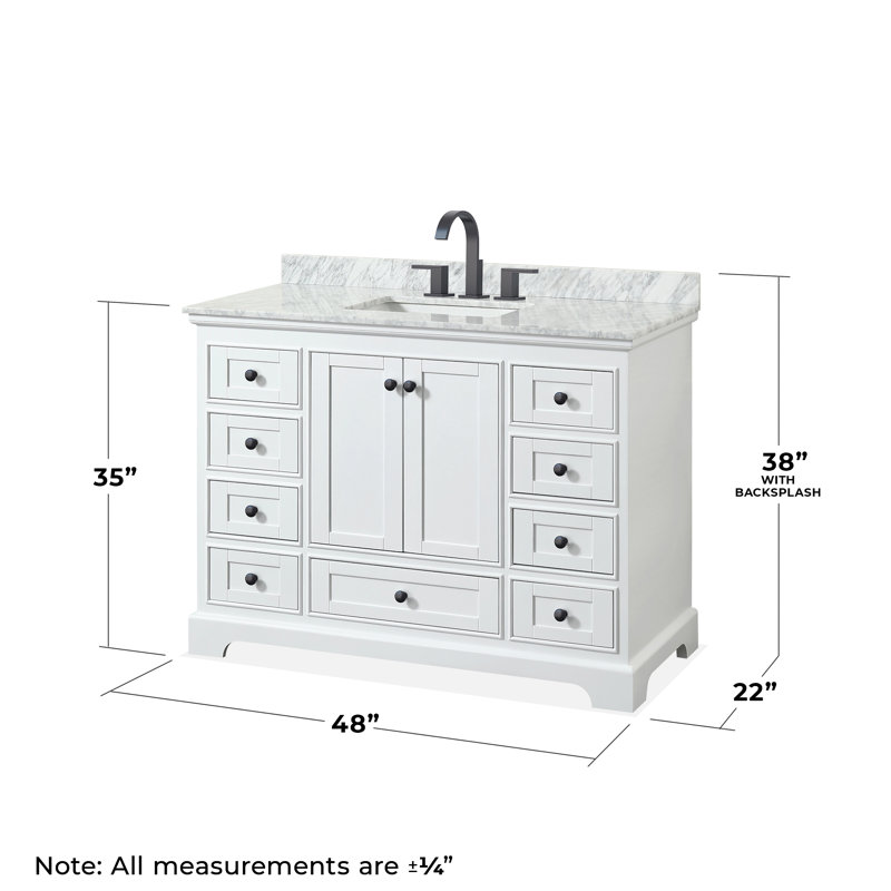 Deborah 48'' Single Bathroom Vanity with Marble Top with Mirror, Matte Black, White