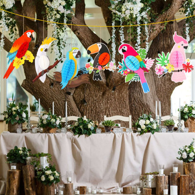 Oiseaux tropicaux, perroquet en nid d'abeille, décorations suspendues pour fête hawaïenne, plage d'été, Luau