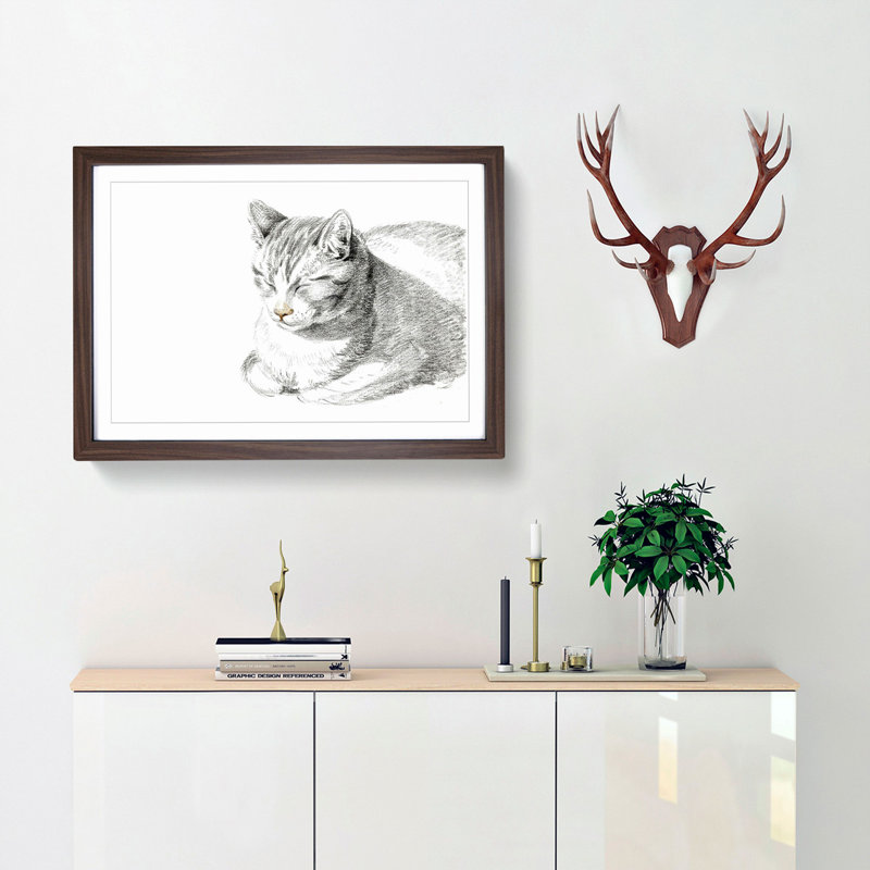 Cat at Peace by Jean Bernard - Picture Frame Drawing Print, 48cm H x 65cm W x 2cm D, Walnut Framed