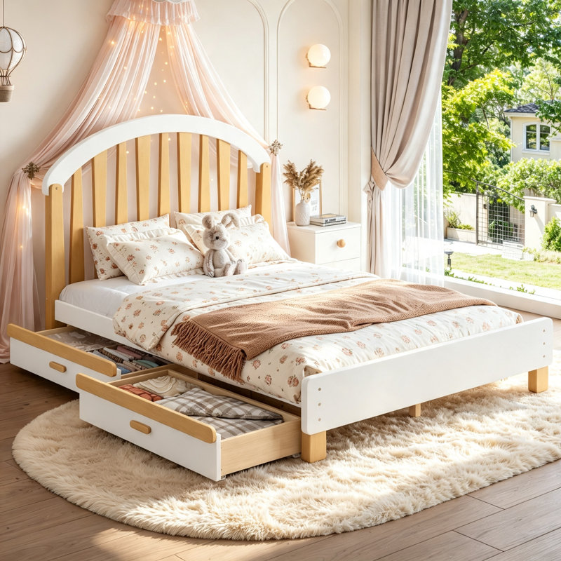 Lit plateforme double avec tiroir de rangement, cadre de lit double en bois avec tête de lit ronde, aucun sommier nécessaire, blanc et naturel