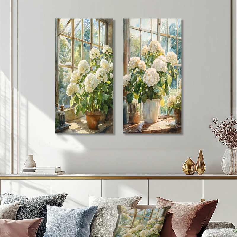 Hortensias dans la ferme serre I - ensemble d'art mural en métal hydrangées de 2, 32" H x 32" W