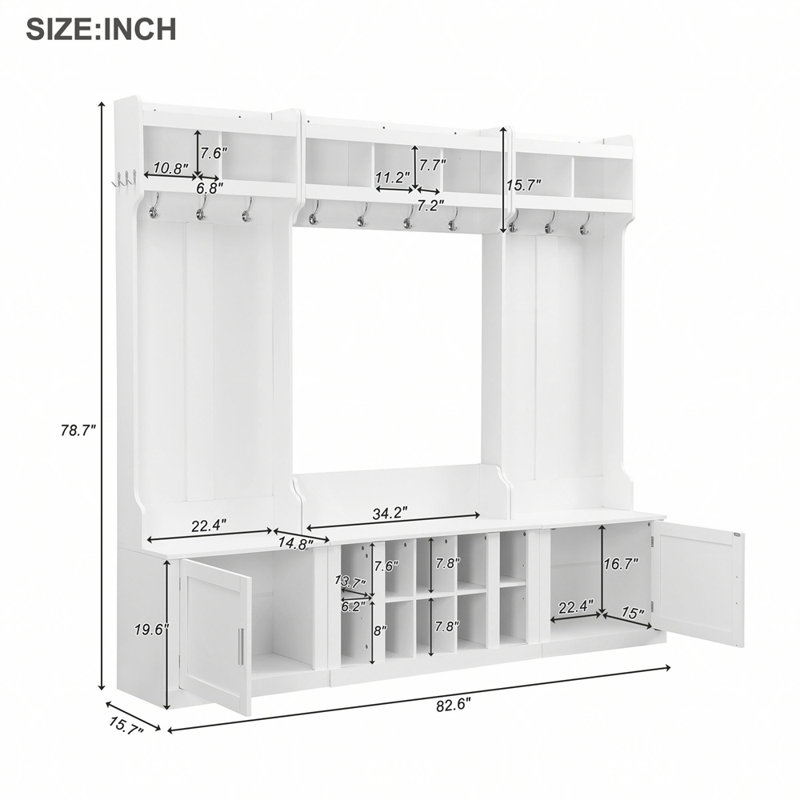 Wide Design Hall Tree with Storage and Bench, 4-IN-1 Multi-functional Entryway Bench with Coat Rack and Shoe Cubbies, Practical Furniture for Hallway