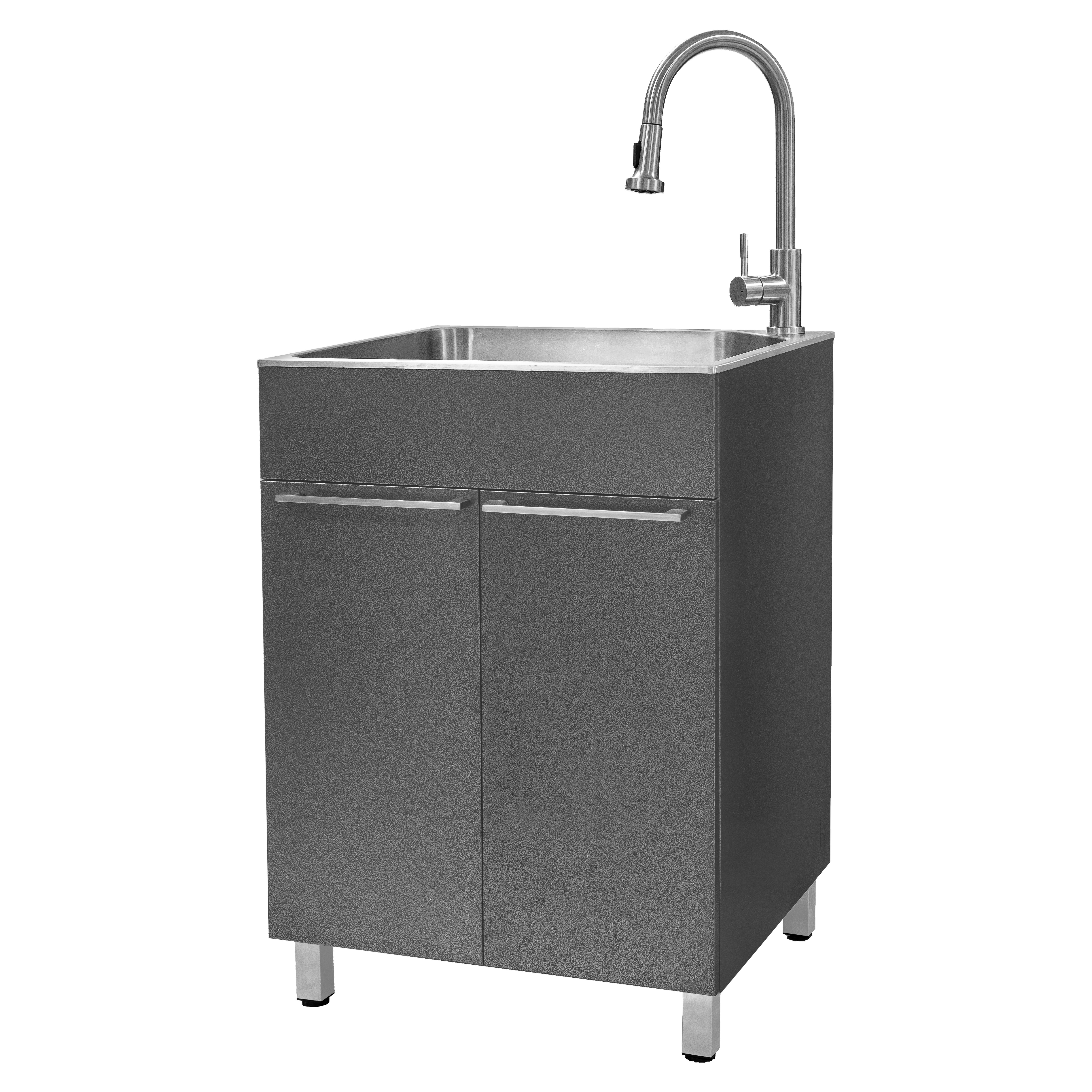 Laundry Sink Cabinet with Pull-out Faucet, Stainless Steel Utility Hand  washing station with Storage Compartment, for Laundry room, Transitional (