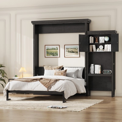 Grand lit escamotable avec tablettes de rangement, lit armoire à persiennes, lit pliant peu encombrant, noir