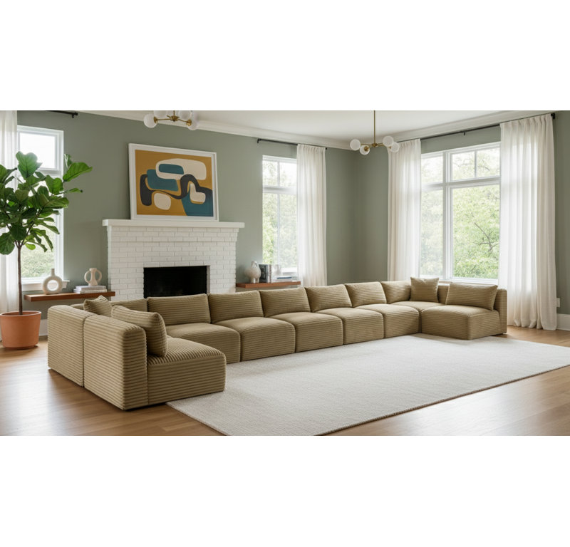 Canapé modulaire Carmean, Velours côtelé texturé Camel, 7 sans accoudoirs, 2 en coin