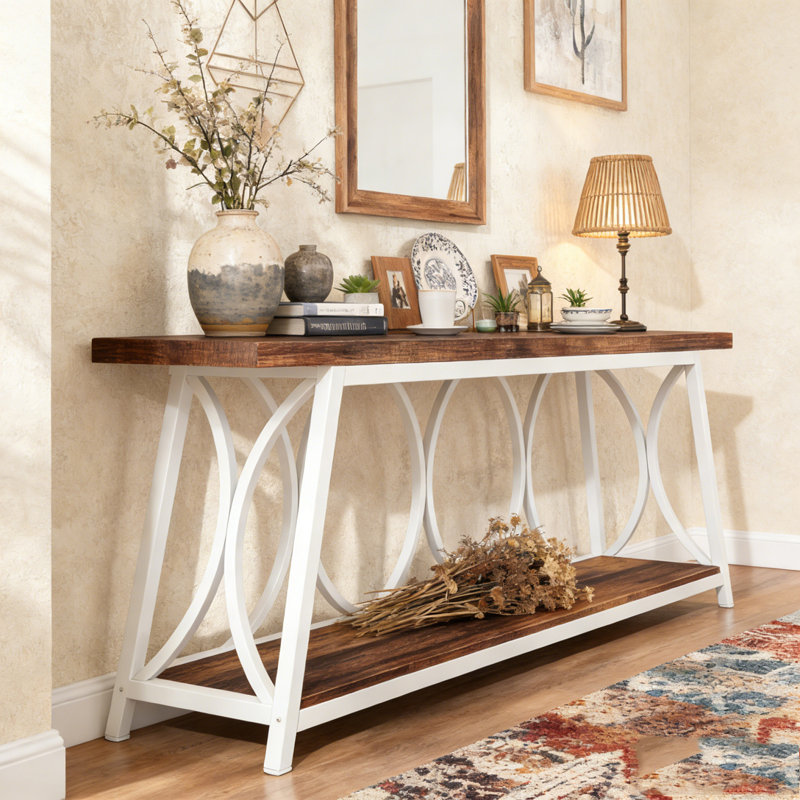2-Tier Console Table Industrial Sofa Table Behind Couch with Shelves, White & Brown