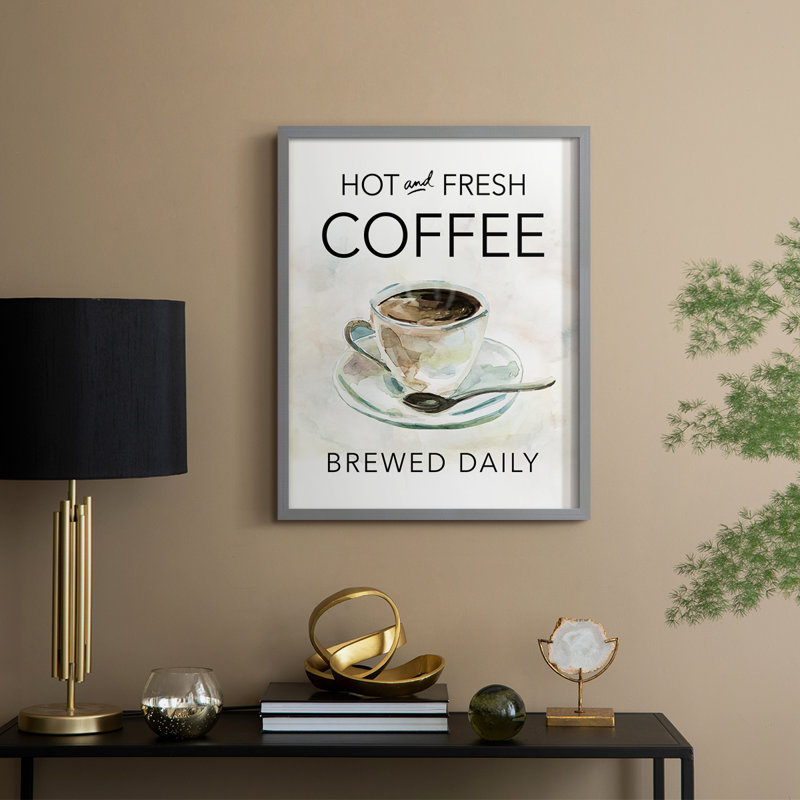 «Hot and Fresh Coffee», reproduction encadrée - bois massif, H 11 po x l 9 po, Gris