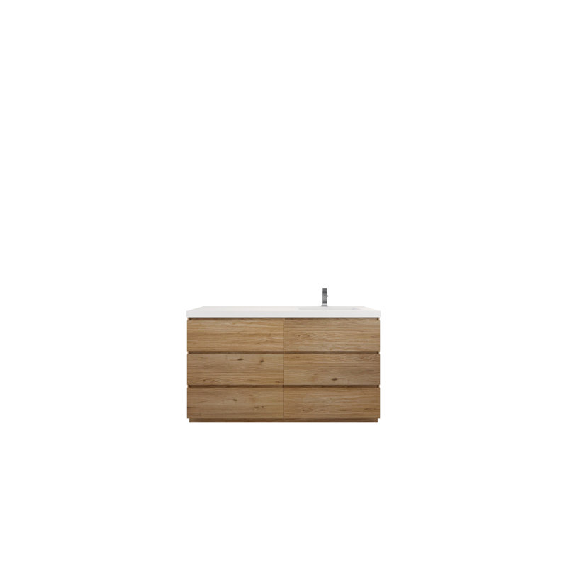 Évier de salle de bain autoportant Rheana 60 po avec lavabo en acrylique renforcé, évier droit, Chêne naturel