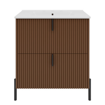 Meuble-lavabo autoportant en MDF avec évier en céramique Smart Storage - brun foncé pour une élégance moderne