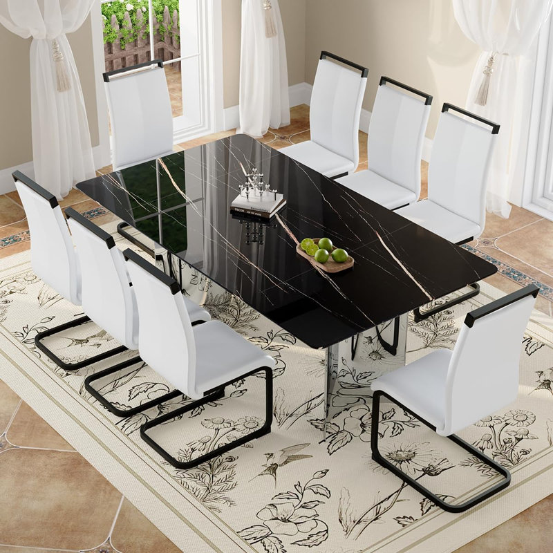 Ensemble de table de salle à manger rectangulaire de 71 po pour 8 personnes comprenant un plateau en faux marbre et des chaises en cuir de polyuréthane. Cet ensemble de salle à manger de 9 pièces convient aux maisons, aux restaurants et aux espaces de bureau.