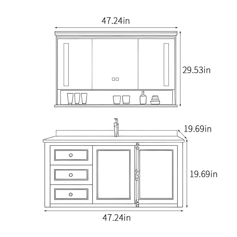 Armoire de salle de bain à la française, H 19,69 po x l 47,24 po x P 19,69 po, Noir, noir, noir, noir