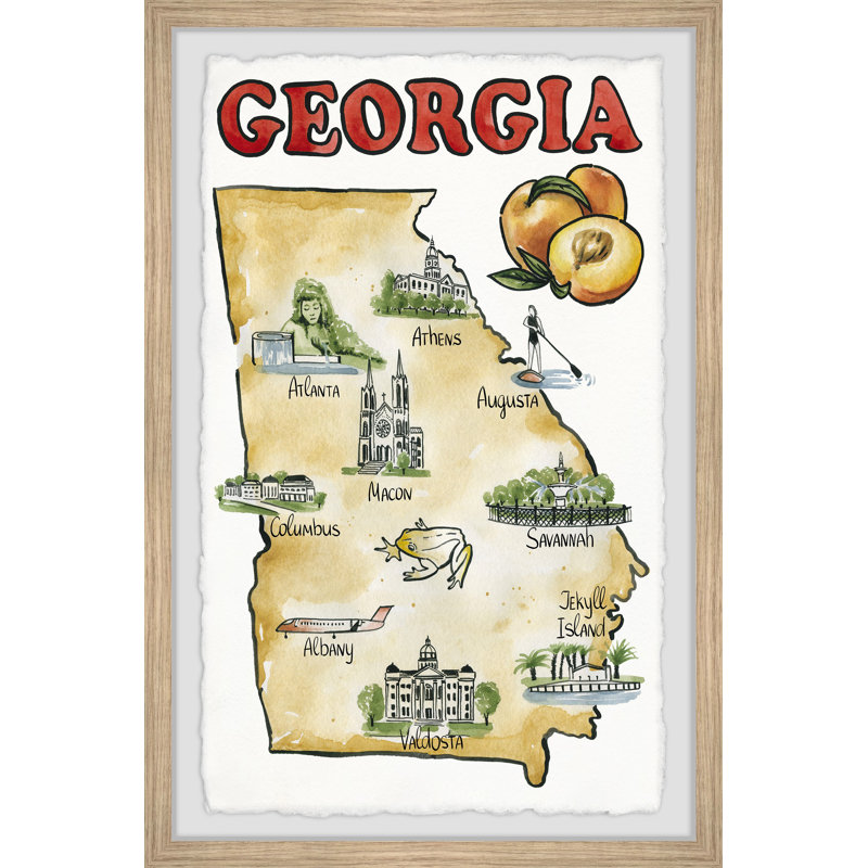 «Map of Georgia, the Peach State», reproduction d'art graphique sur papier encadrée, H 30 po x l 20 po x P 1,5 po