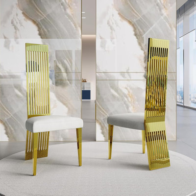 Luxury Modern White Boucle Dining Chairs With Polished Gold Legs Set Of 2 by Everly Quinn