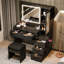 Meuble-lavabo 43,5 po avec miroir et lumières, conception cannelée, station de charge, 5 tiroirs et tabouret de rangement