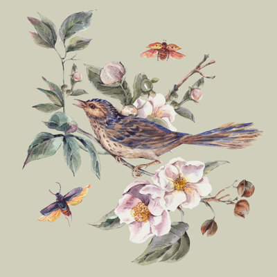 Vintage Greeting Card with Blooming Apple Trees and Birds - Wrapped Canvas Painting
