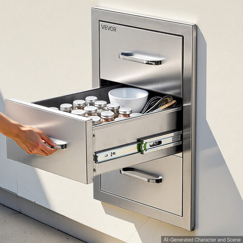 Outdoor Kitchen Drawers, 22"W x 20"H x 14"D, 3-Tier Storage Access, for BBQ Island Storage, Patio Bars and Grill Station, with Handle, Built-In BBQ Island Drawers Organize Cookware Accessories