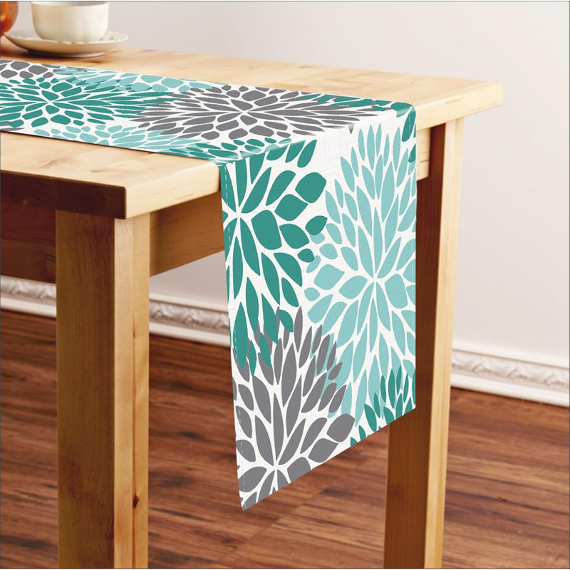 Green Table Runner 72 Inches Long Dahlia Pinnata Flower Pattern Spring Summer Seasonal Farmhouse Kitchen Dining Table Decoration For Indoor Outdoor Home Party Decor (13 X 72 Inch)