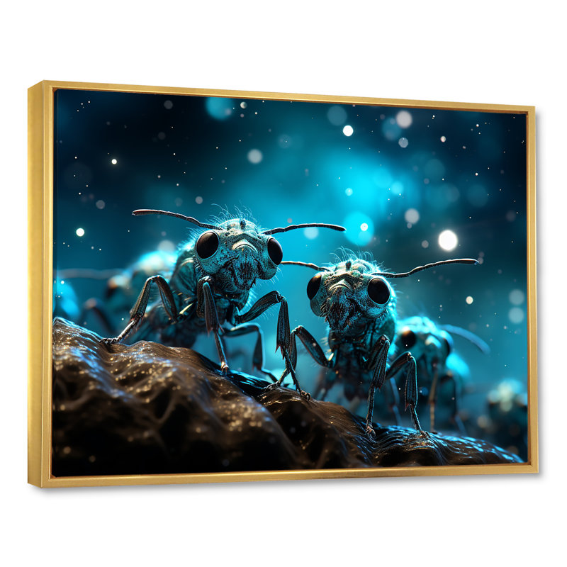 Fourmis lunaires argentées sur toile, Cadre flottant doré, H 30 po x l 40 po x P 1,5 po