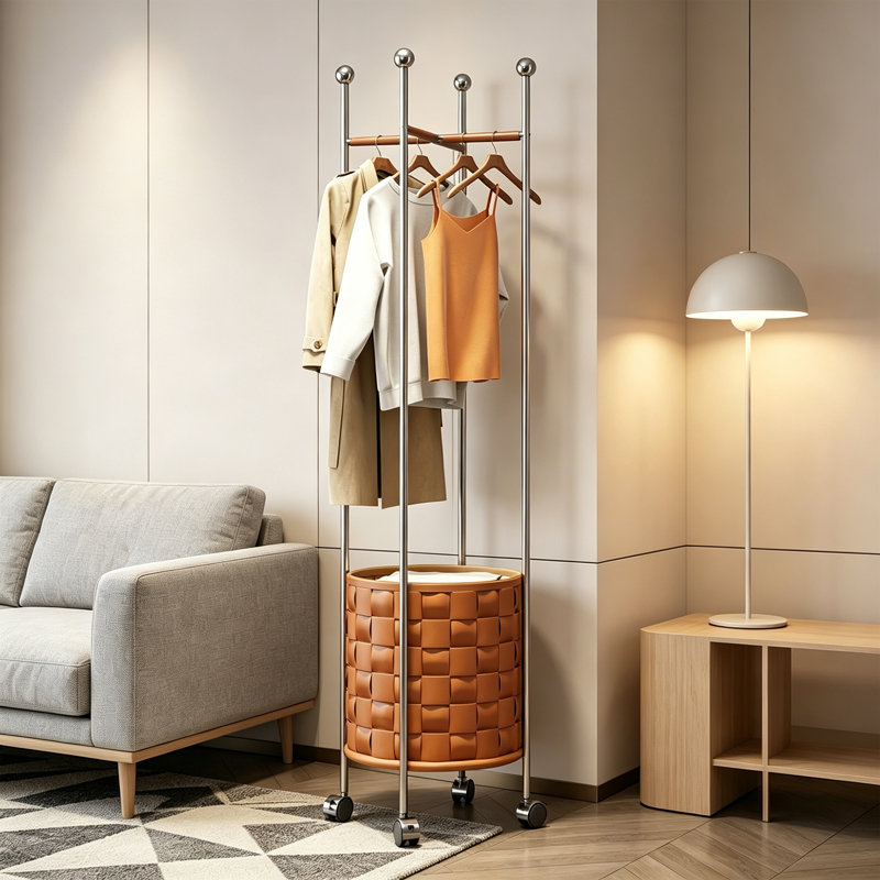 Modern Coat Rack with Storage Basket, Light Coffee Brown