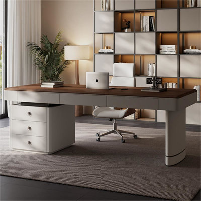 Bureau 6 tiroirs brun noisette + gris massif + bois manufacturé