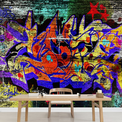 Grand papier peint auto-adhésif graffiti avec mots colorés et lumineux