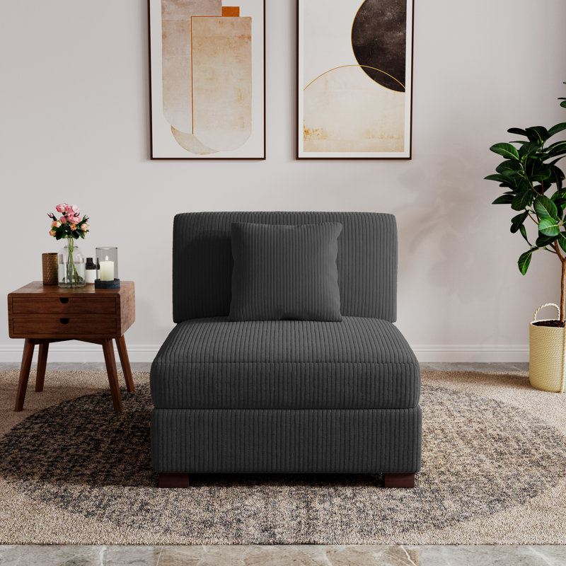 Milbrey Upholstered Gray Corduroy Armless Accent Chair with Pillow Back and Solid Wood Legs, Gray, Corduroy
