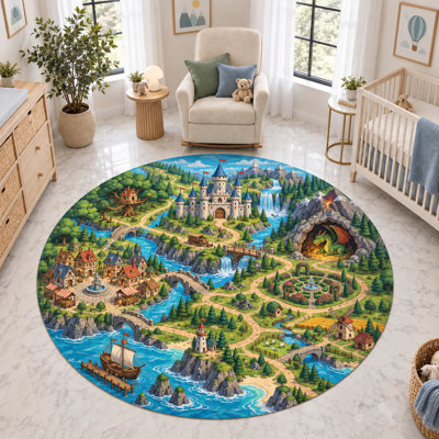 "Ultra Thin" 6' x 6' Medieval Kingdom Castle Dragon Map Round Area Rug, Soft Low Pile Indoor Rug with Non-Slip Silicone Backing Carpet for Nursery, Kids Room and Playroom