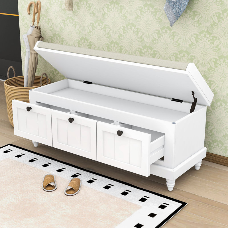 Banc de rangement de style campagnard avec tiroirs, compartiment caché, Blanc