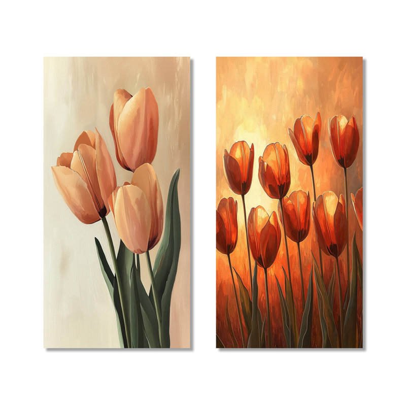 Tulipes brunes, automne brillant I - ensemble de 2 impressions murales botaniques roses en métal, H 40 po x l 40 po
