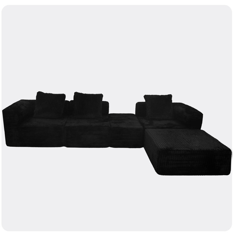 Black 4 - Seat Modular Sectional With Oversized Chaise And For Living Room, Medium Firm Seat, American Design, Foam Filler, Main Material, Stain , Machine Washable Soft, Shrink To Pilling Brushed